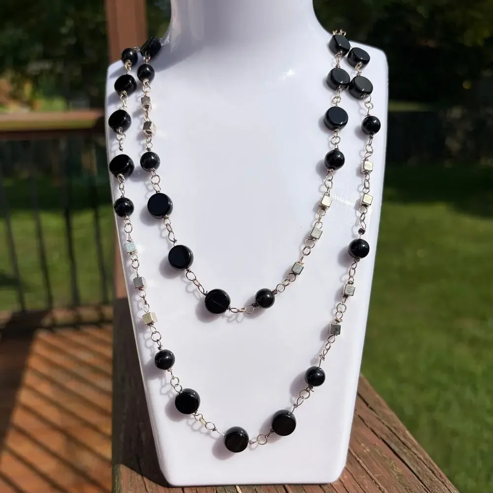 Vintage Black Glass Bead Station Necklace Long 40